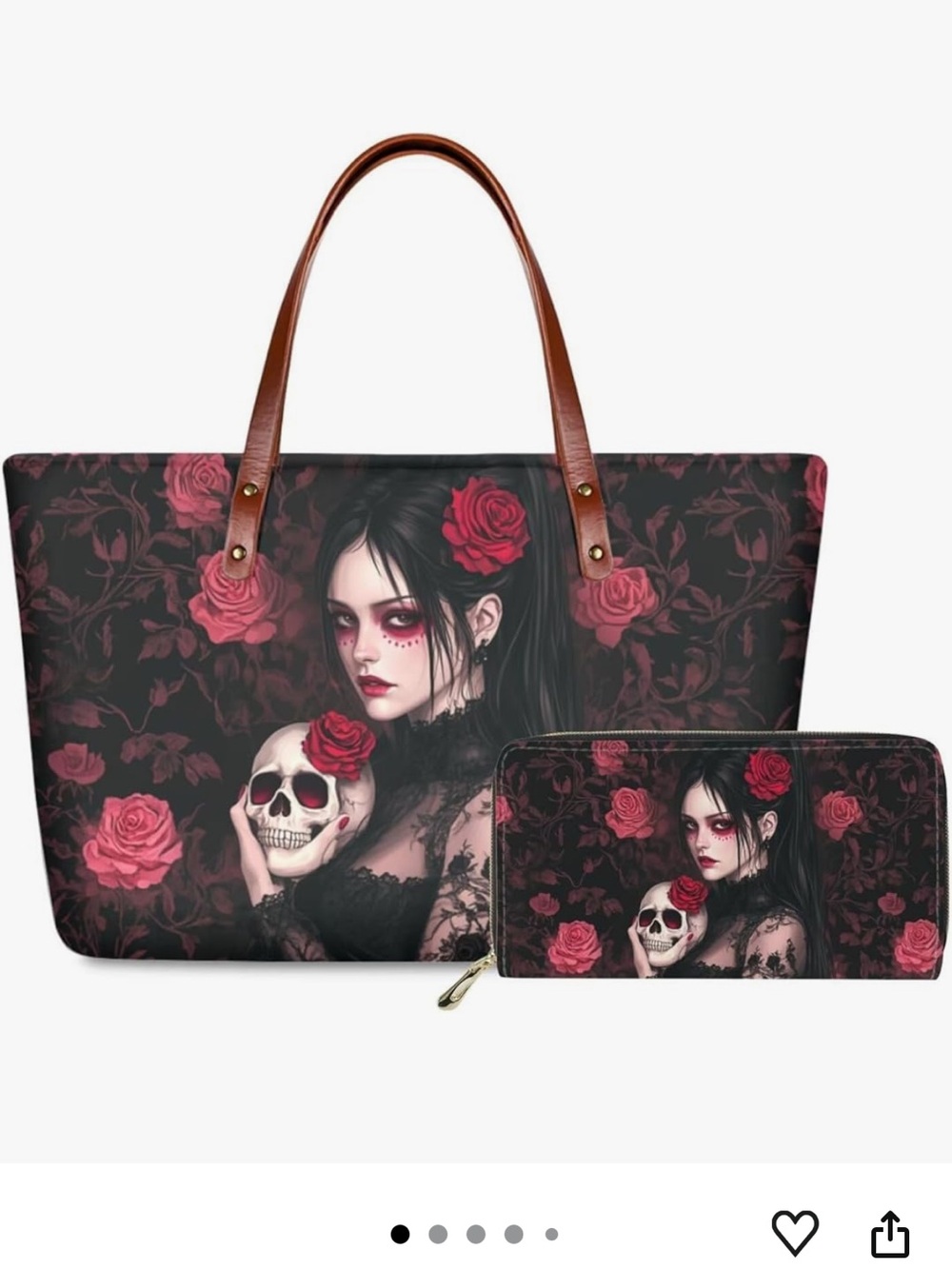 Gothic Rose Skull Tote Bag and Wallet Set - Black & Red